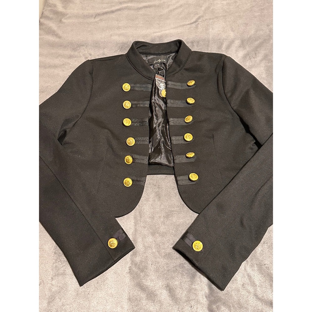 Twenty One Womens Black Cropped Military Band Jacket Gold Crest Buttons Medium